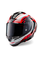 Casque Alpinestars Supertech R10 Team, casque de moto intégral, carbone noir brillant avec graphismes rouges et blancs, coque aérodynamique, logo Alpinestars distinctif et visière teintée