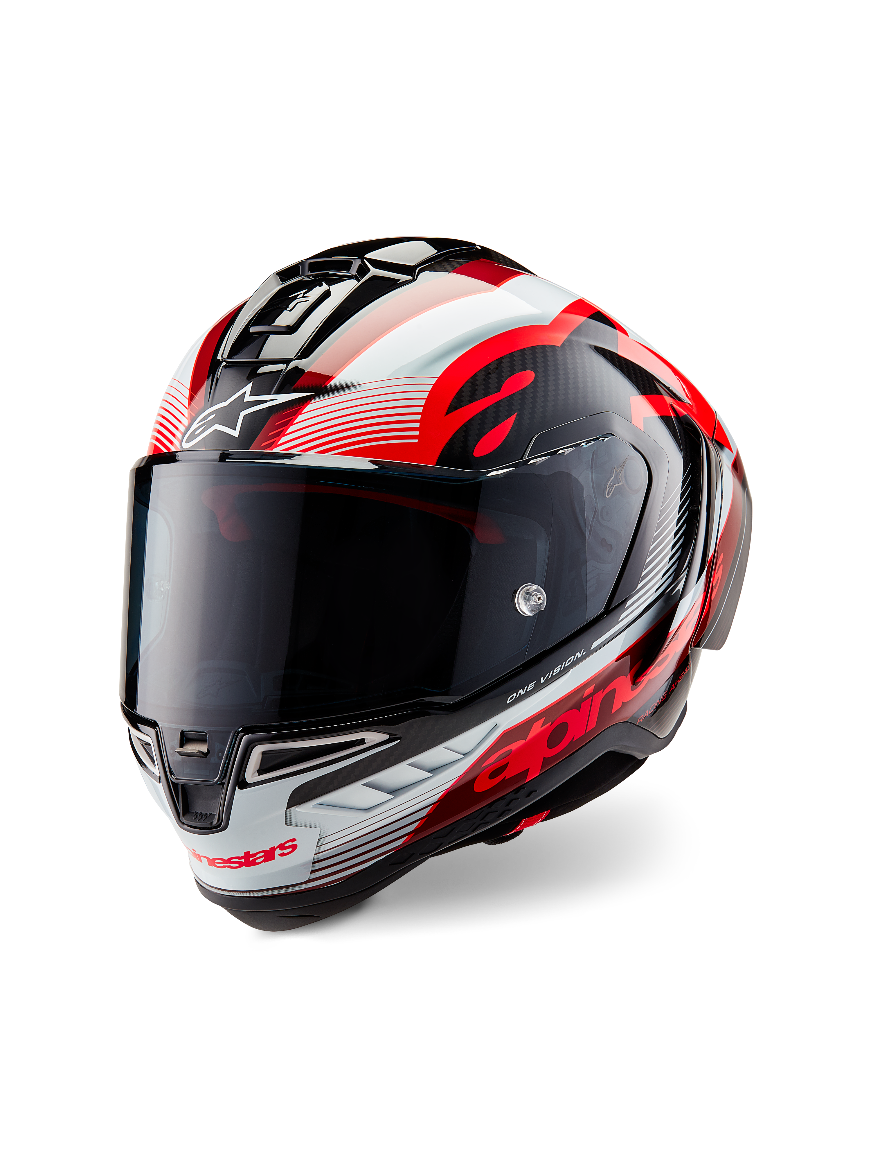 Casque Alpinestars Supertech R10 Team, casque de moto intégral, carbone noir brillant avec graphismes rouges et blancs, coque aérodynamique, logo Alpinestars distinctif et visière teintée