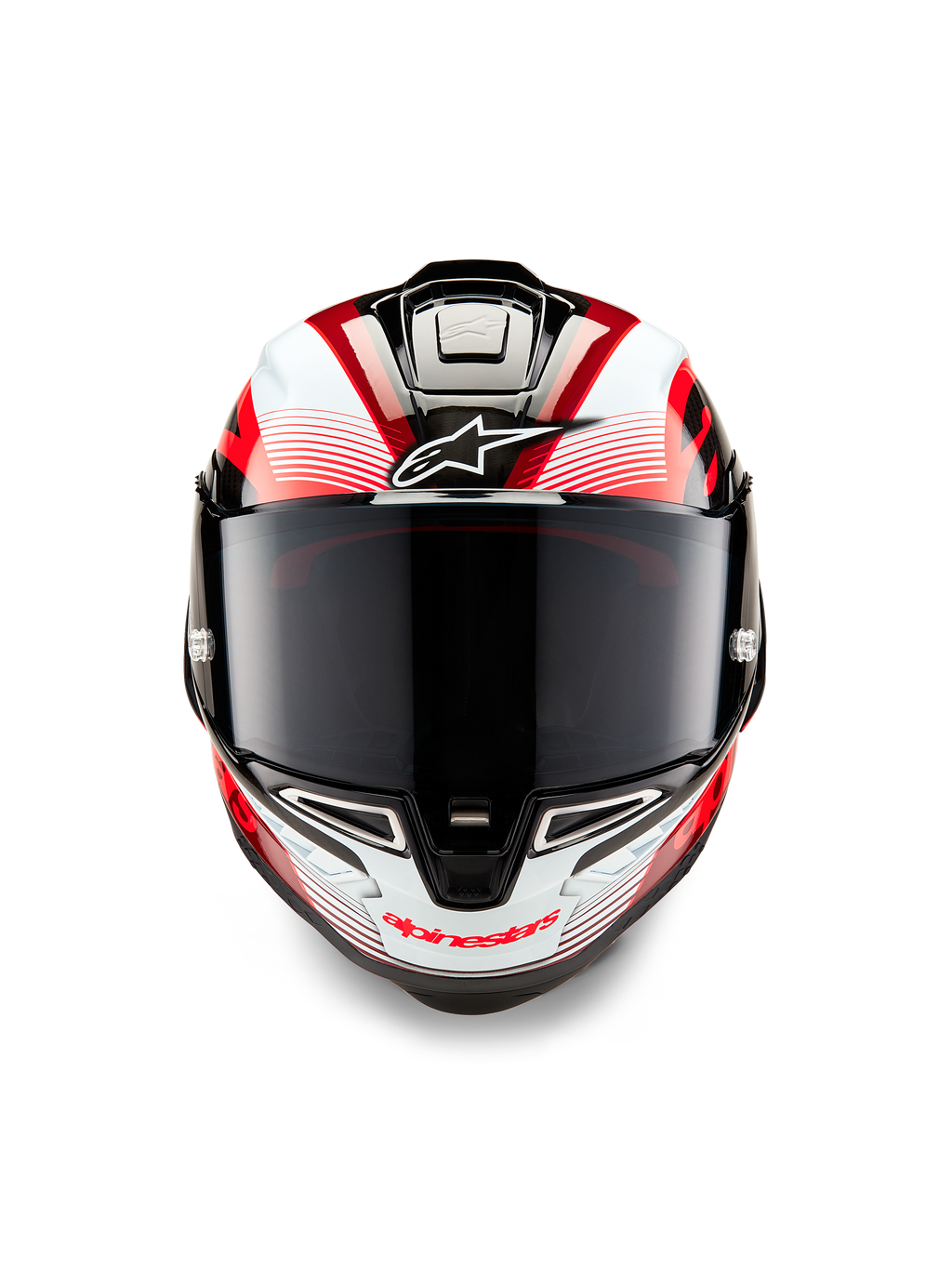 Casque Alpinestars Supertech R10 Team, vue de face, noir carbone, rouge et blanc brillant, avec écran fumé foncé, logo Astar blanc sur le front, marquage Alpinestars rouge sur la mentonnière, design aérodynamique prêt pour la course avec graphismes complexes