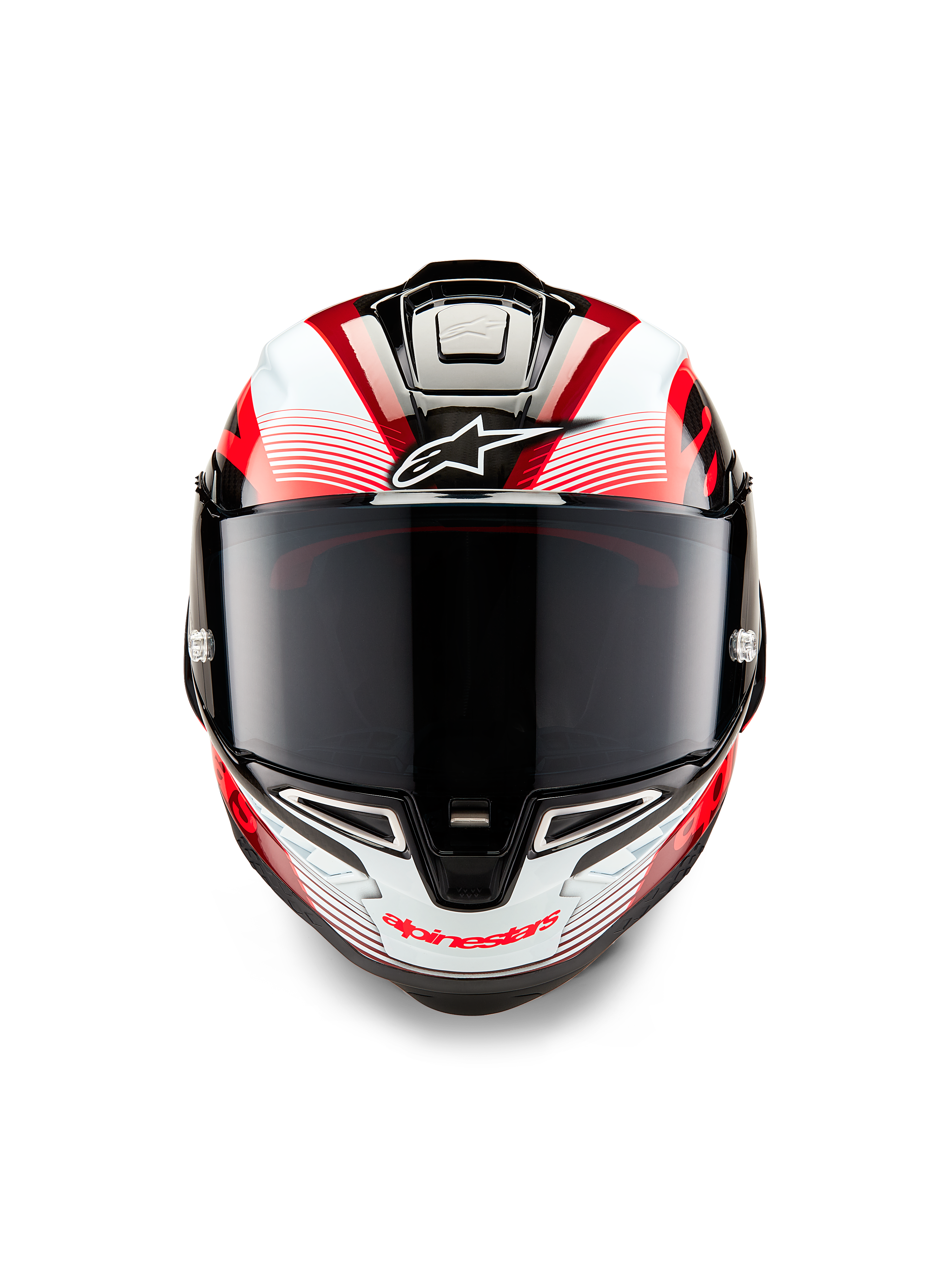 Casque Alpinestars Supertech R10 Team, vue de face, noir carbone, rouge et blanc brillant, avec écran fumé foncé, logo Astar blanc sur le front, marquage Alpinestars rouge sur la mentonnière, design aérodynamique prêt pour la course avec graphismes complexes