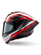 Casque Alpinestars Supertech R10 Team, casque intégral de course de moto, finition brillante Noir Carbone Rouge et Blanc, profil latéral montrant le design aérodynamique, marquage rouge avec les textes 'One Vision' et 'Racing Ahead', construction élégante en fibre de carbone pour des performances professionnelles.