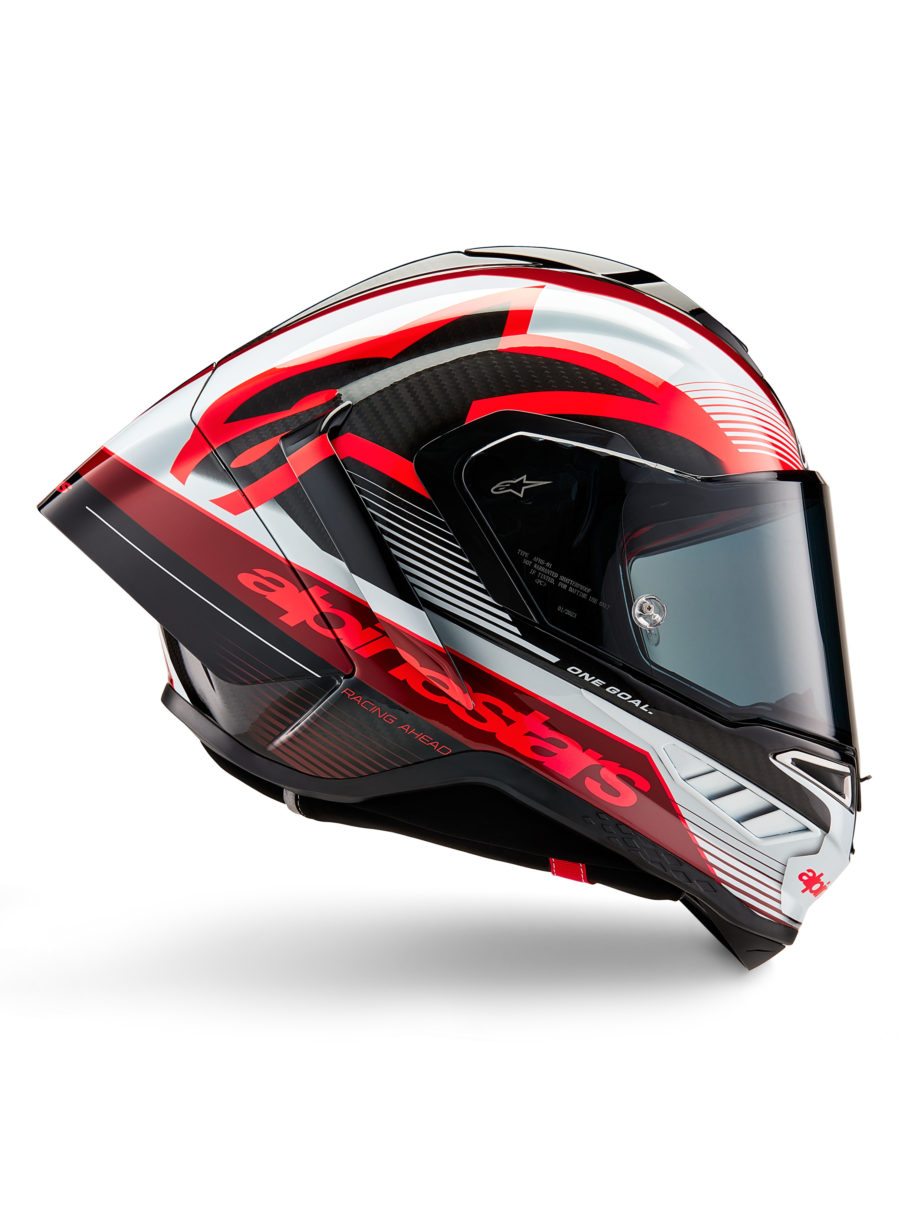 Casque Alpinestars Supertech R10 Team, casque de moto racing, carbone noir avec graphismes brillants rouges et blancs, vue de profil aérodynamique avec visière sombre, détails en fibre de carbone et logos rouges vifs, équipement de course haute performance