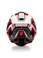 Casque Alpinestars Supertech R10 Team, vue arrière, noir carbone, rouge et blanc brillant, calotte au design aérodynamique avec des panneaux rouges et blancs vifs, marquage Alpinestars sur le spoiler et logo étoile rouge, casque de moto de course professionnel