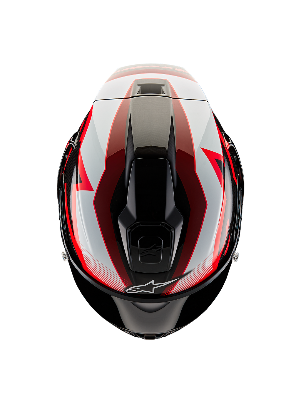 Casque Alpinestars Supertech R10 Team, vue de dessus, noir carbone rouge et blanc brillant, coque aérodynamique avec orifices de ventilation centraux et graphismes de course audacieux, casque de moto de sport professionnel.