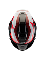 Casque Alpinestars Supertech R10 Team, vue de dessus, noir carbone rouge et blanc brillant, coque aérodynamique avec orifices de ventilation centraux et graphismes de course audacieux, casque de moto de sport professionnel.