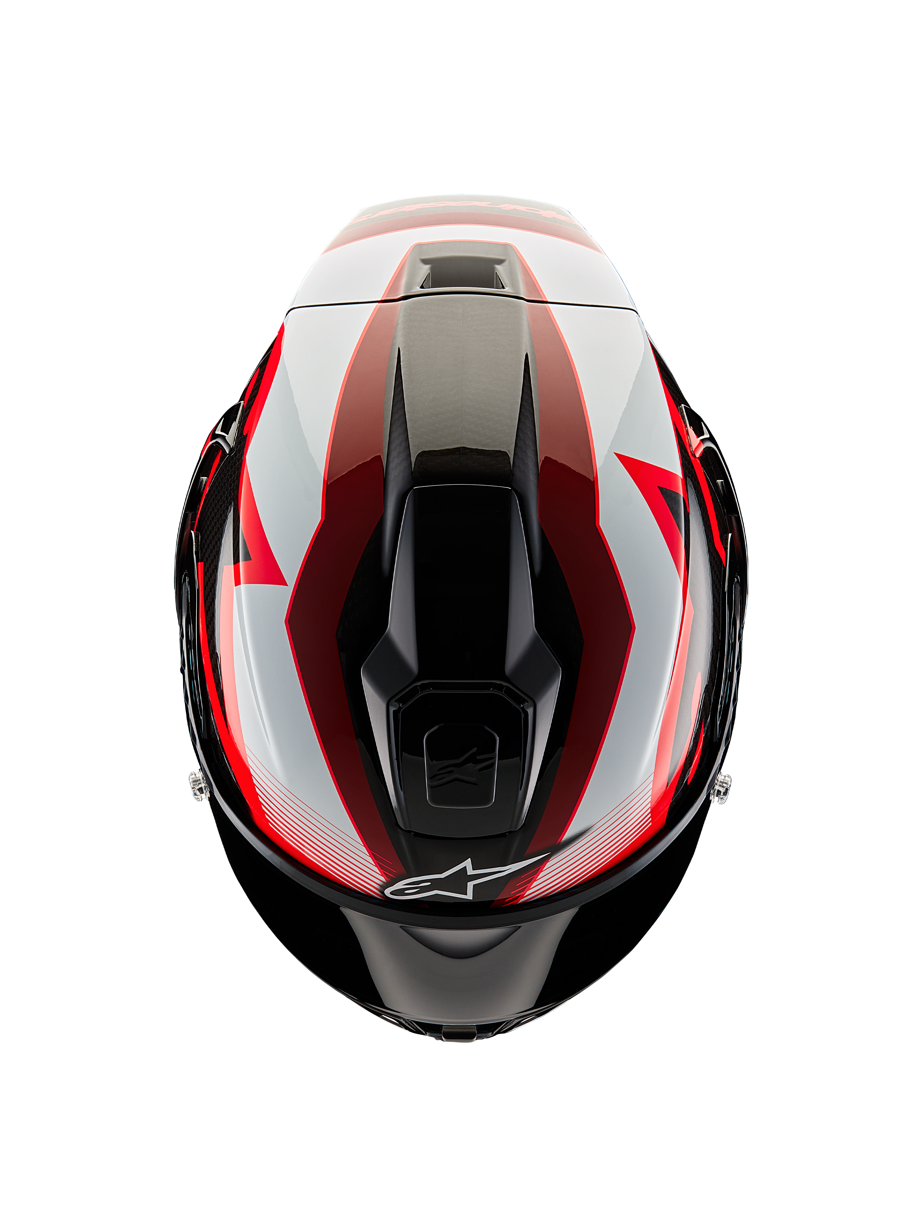 Casque Alpinestars Supertech R10 Team, vue de dessus, noir carbone rouge et blanc brillant, coque aérodynamique avec orifices de ventilation centraux et graphismes de course audacieux, casque de moto de sport professionnel.
