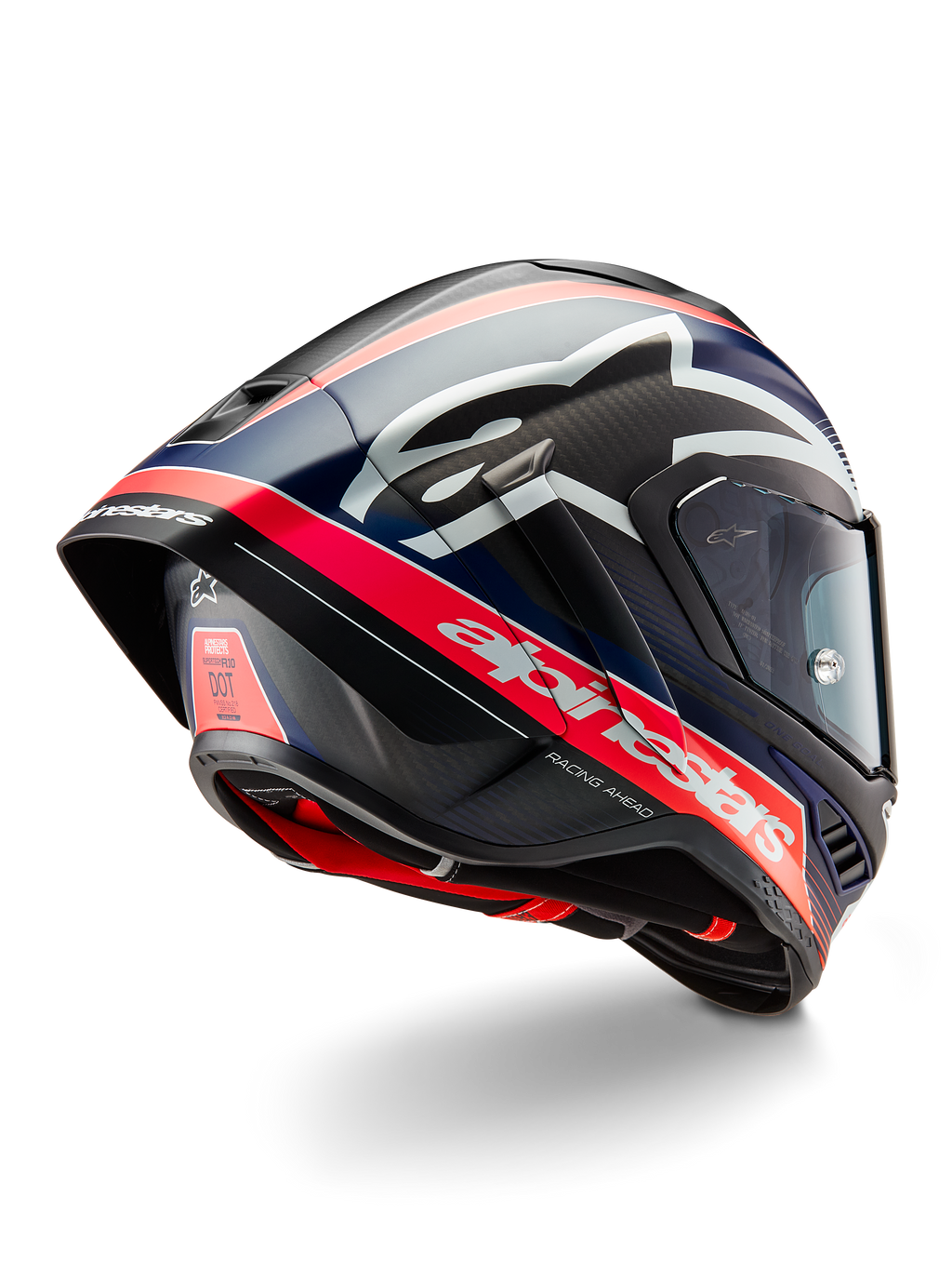 Casque Alpinestars Supertech R10 Team, casque de course moto professionnel, carbone noir avec accents rouge fluorescent et bleu mat, vue arrière aérodynamique montrant le spoiler intégré, logo Alpinestars distinctif et texture de la coque en fibre de carbone visible