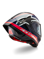 Casque Alpinestars Supertech R10 Team, casque de course moto professionnel, carbone noir avec accents rouge fluorescent et bleu mat, vue arrière aérodynamique montrant le spoiler intégré, logo Alpinestars distinctif et texture de la coque en fibre de carbone visible