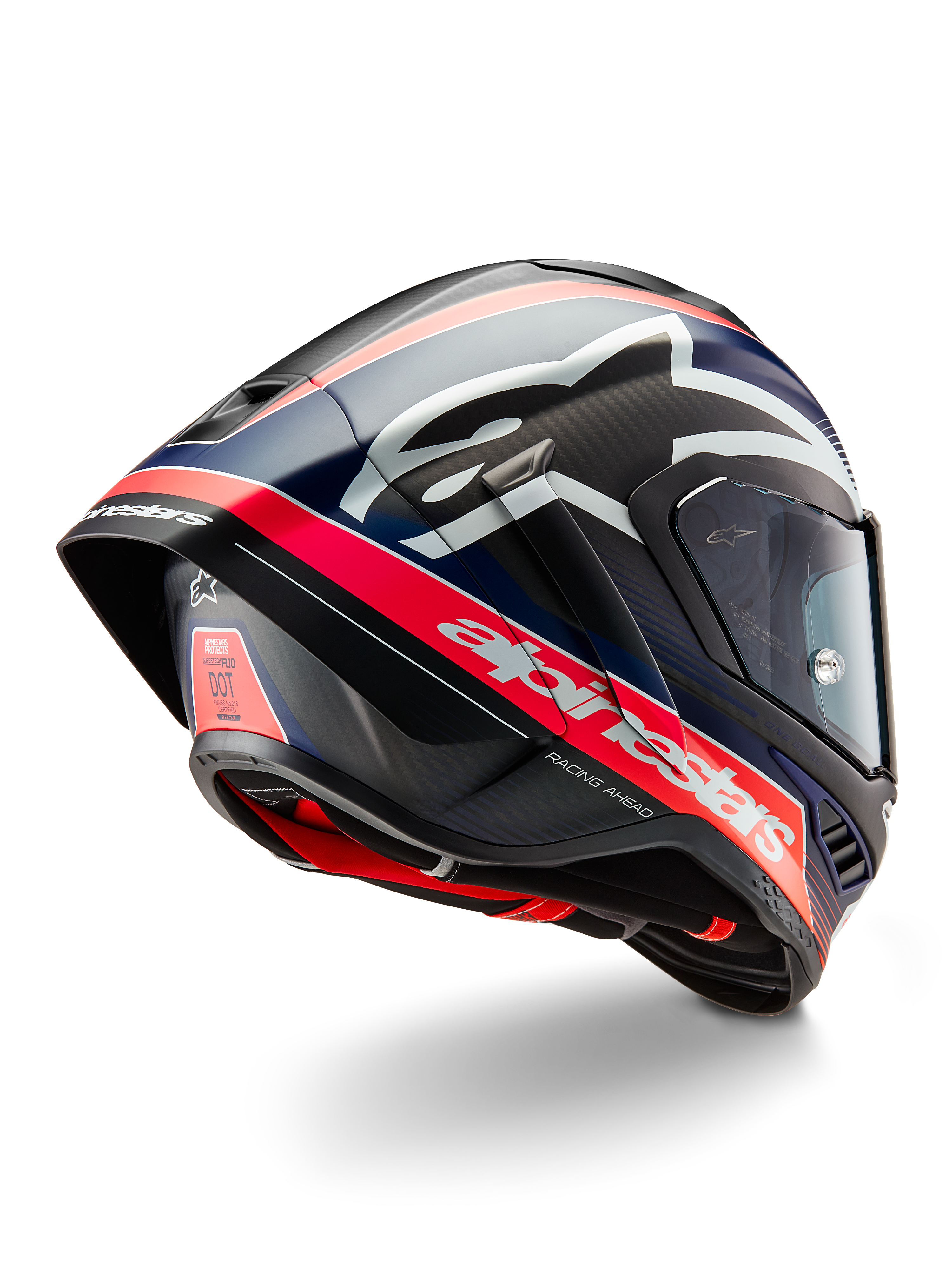 Casque Alpinestars Supertech R10 Team, casque de course moto professionnel, carbone noir avec accents rouge fluorescent et bleu mat, vue arrière aérodynamique montrant le spoiler intégré, logo Alpinestars distinctif et texture de la coque en fibre de carbone visible