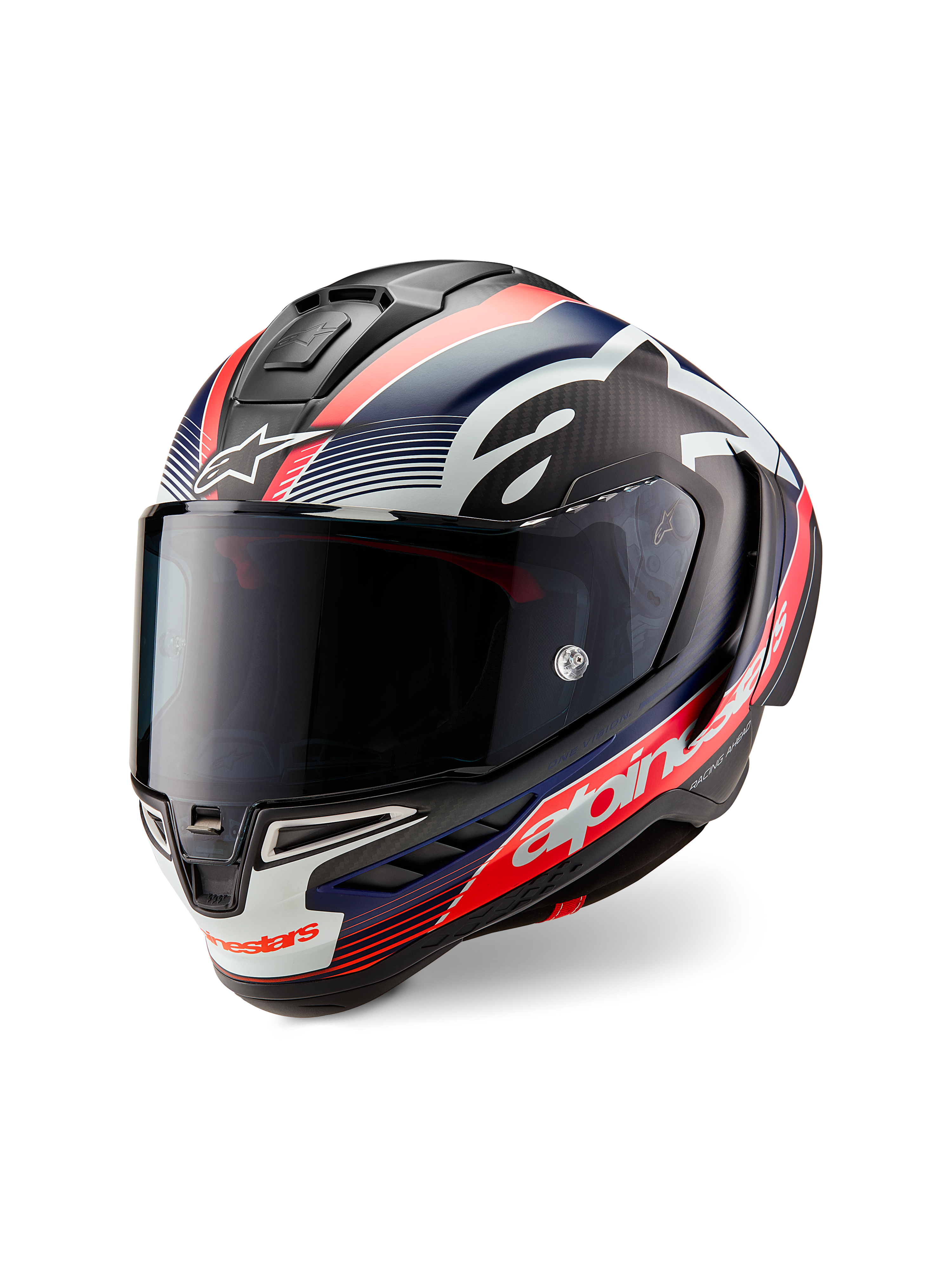 Casque Alpinestars Supertech R10 Team, carbone noir avec motifs rouge fluo et bleu mat, vue de trois-quarts avant, doté d'une visière fumée foncée, d'une coque de course aérodynamique et du logo Alpinestars blanc.