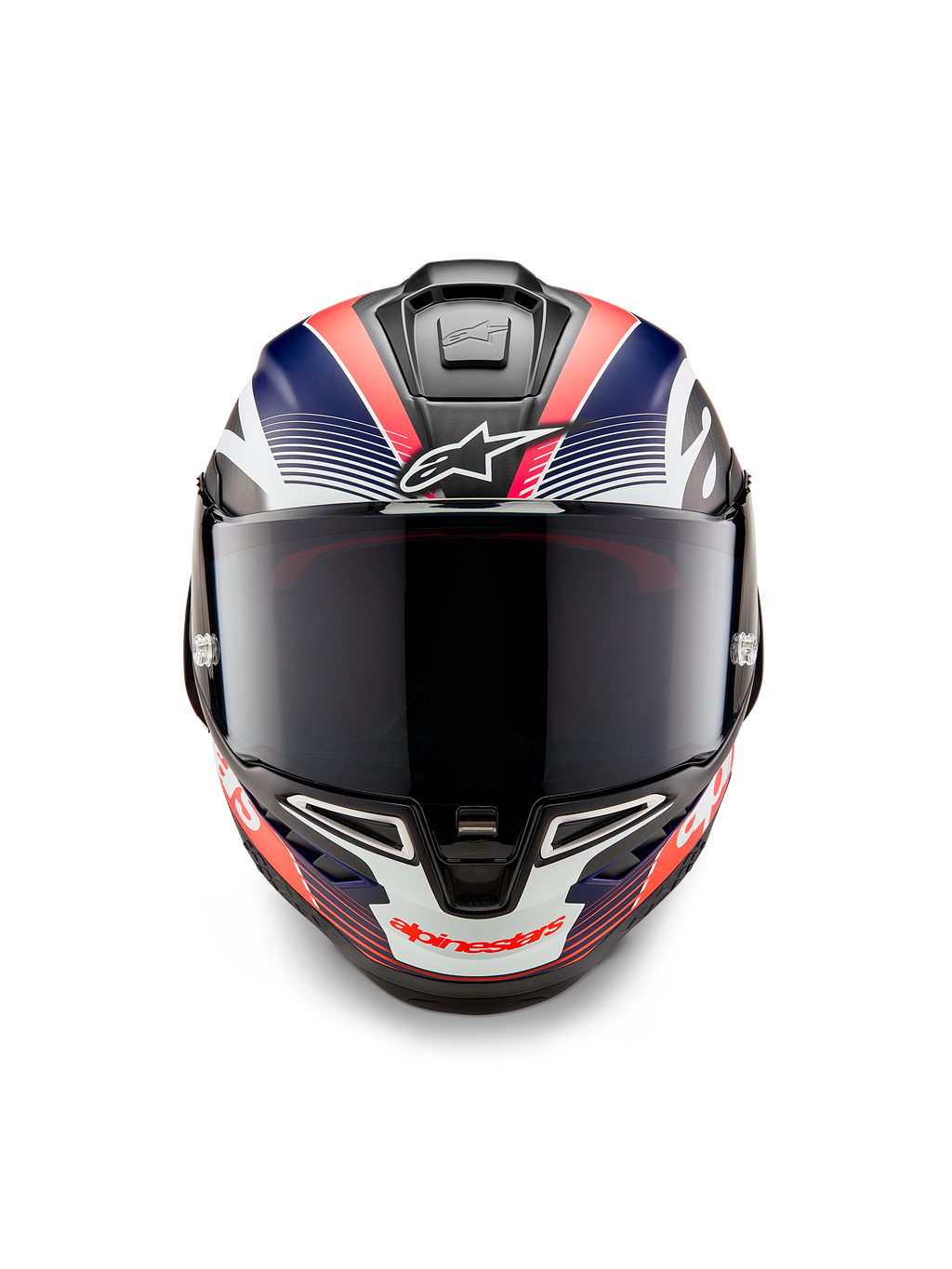 Casque Alpinestars Supertech R10 Team, casque moto intégral de course, carbone noir avec graphismes bleu mat et rouge fluo, vue de face avec écran fumé foncé, design aérodynamique avec aérations intégrées, équipement de course haute performance