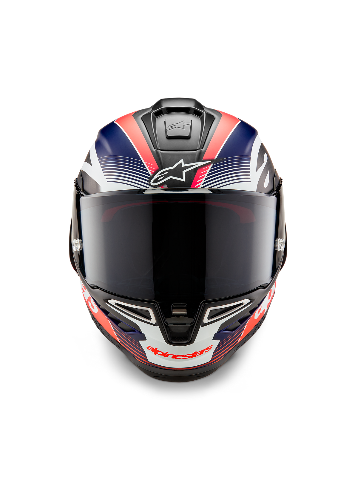Casque Alpinestars Supertech R10 Team, casque moto intégral de course, carbone noir avec graphismes bleu mat et rouge fluo, vue de face avec écran fumé foncé, design aérodynamique avec aérations intégrées, équipement de course haute performance