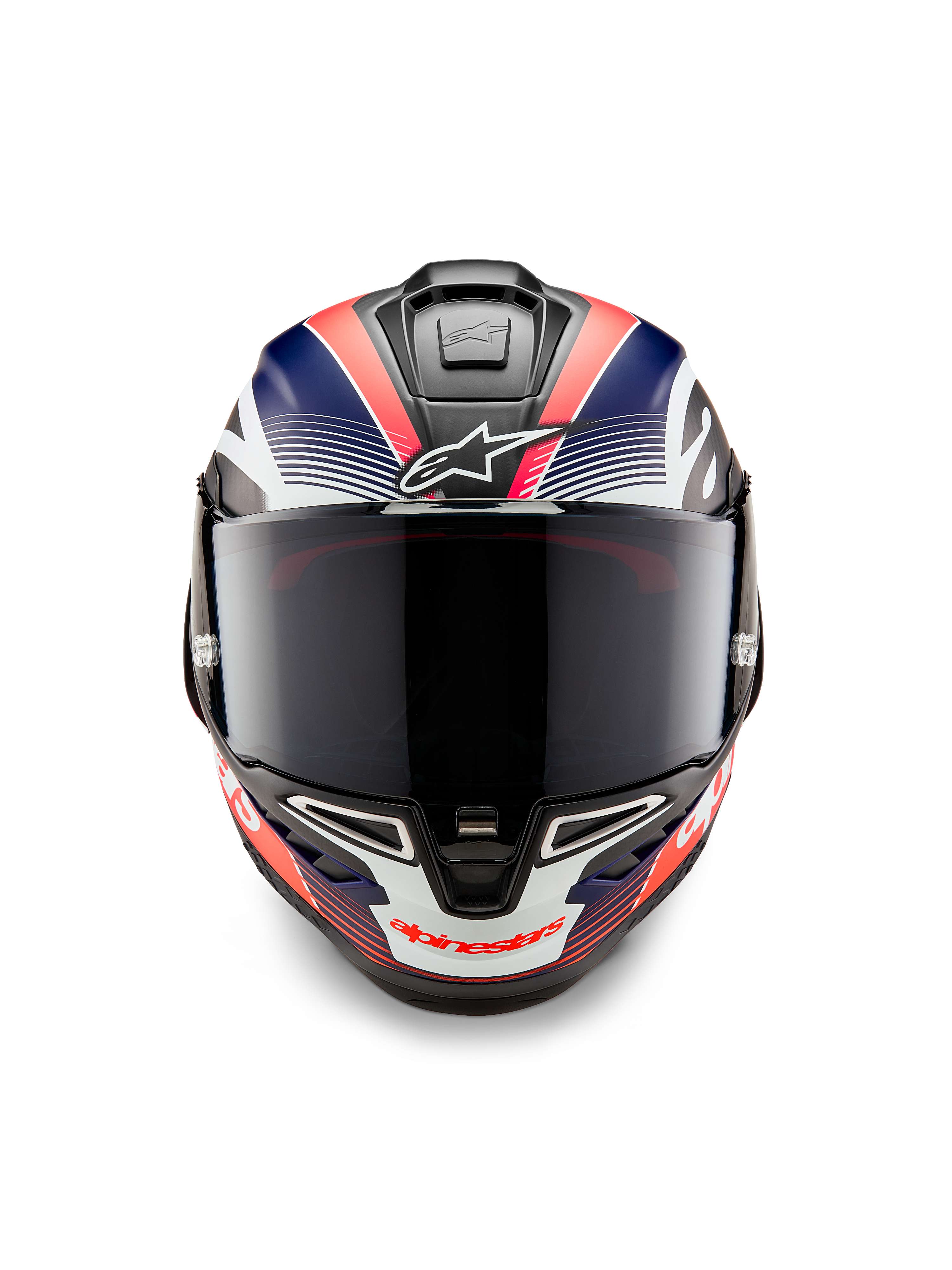 Casque Alpinestars Supertech R10 Team, casque moto intégral de course, carbone noir avec graphismes bleu mat et rouge fluo, vue de face avec écran fumé foncé, design aérodynamique avec aérations intégrées, équipement de course haute performance