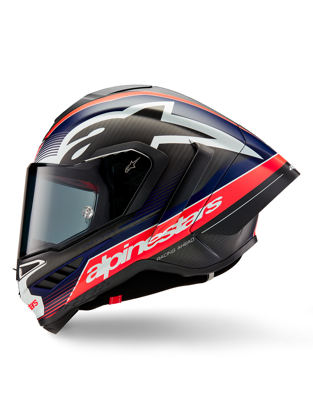 Casque Alpinestars Supertech R10 Team, vue de profil, Noir Carbone Rouge Fluo et Bleu Mat, avec un grand logo Alpinestars blanc sur une bande rouge, coque aérodynamique en fibre de carbone avec visière fumée, équipement de course moto haute performance