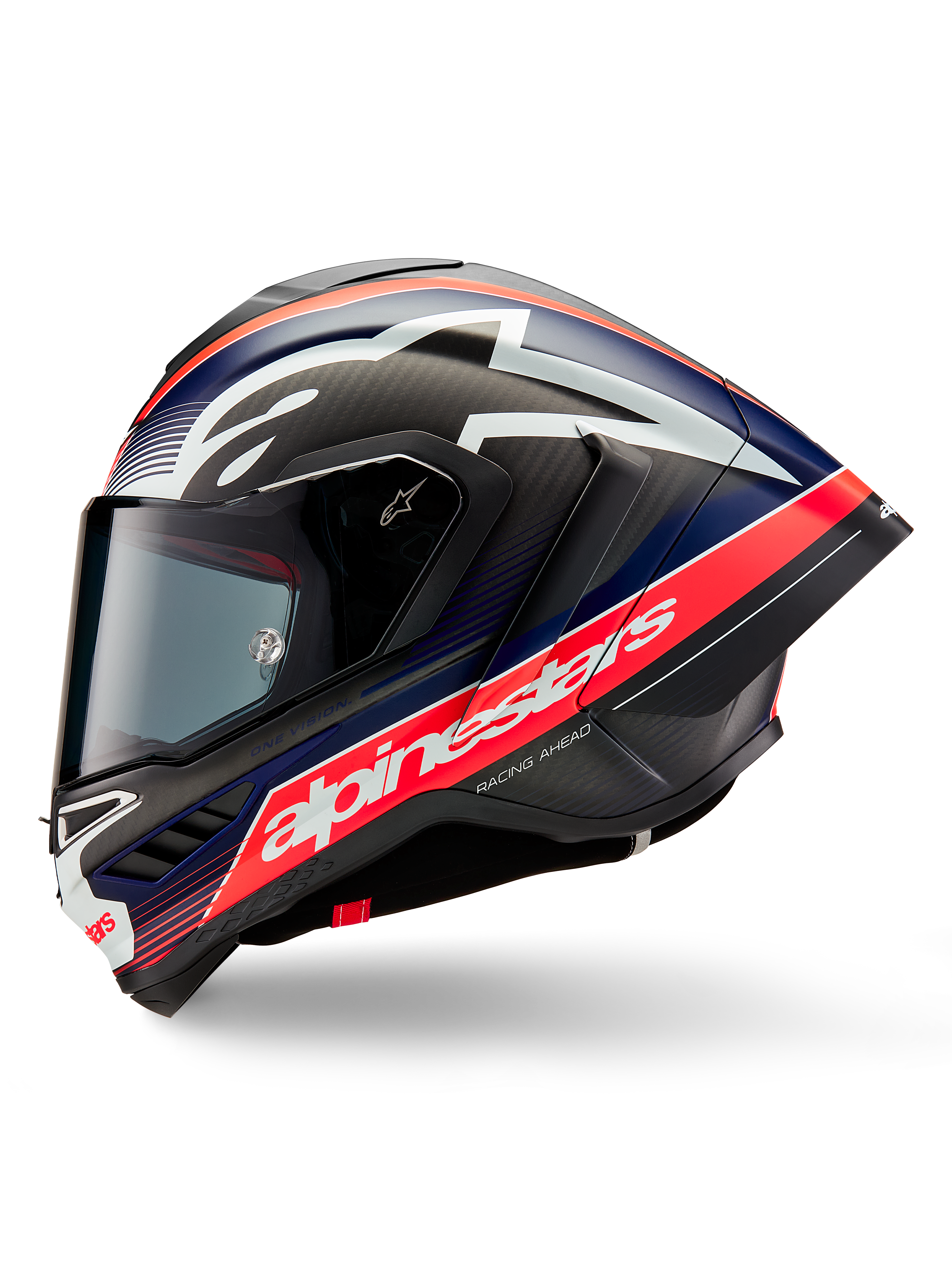 Casque Alpinestars Supertech R10 Team, vue de profil, Noir Carbone Rouge Fluo et Bleu Mat, avec un grand logo Alpinestars blanc sur une bande rouge, coque aérodynamique en fibre de carbone avec visière fumée, équipement de course moto haute performance