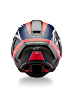 Casque Alpinestars Supertech R10 Team, vue arrière, carbone noir avec accents rouge fluo et bleu mat, doté d'un spoiler aérodynamique, d'un marquage Alpinestars blanc et d'une étiquette de certification DOT, équipement de course professionnel