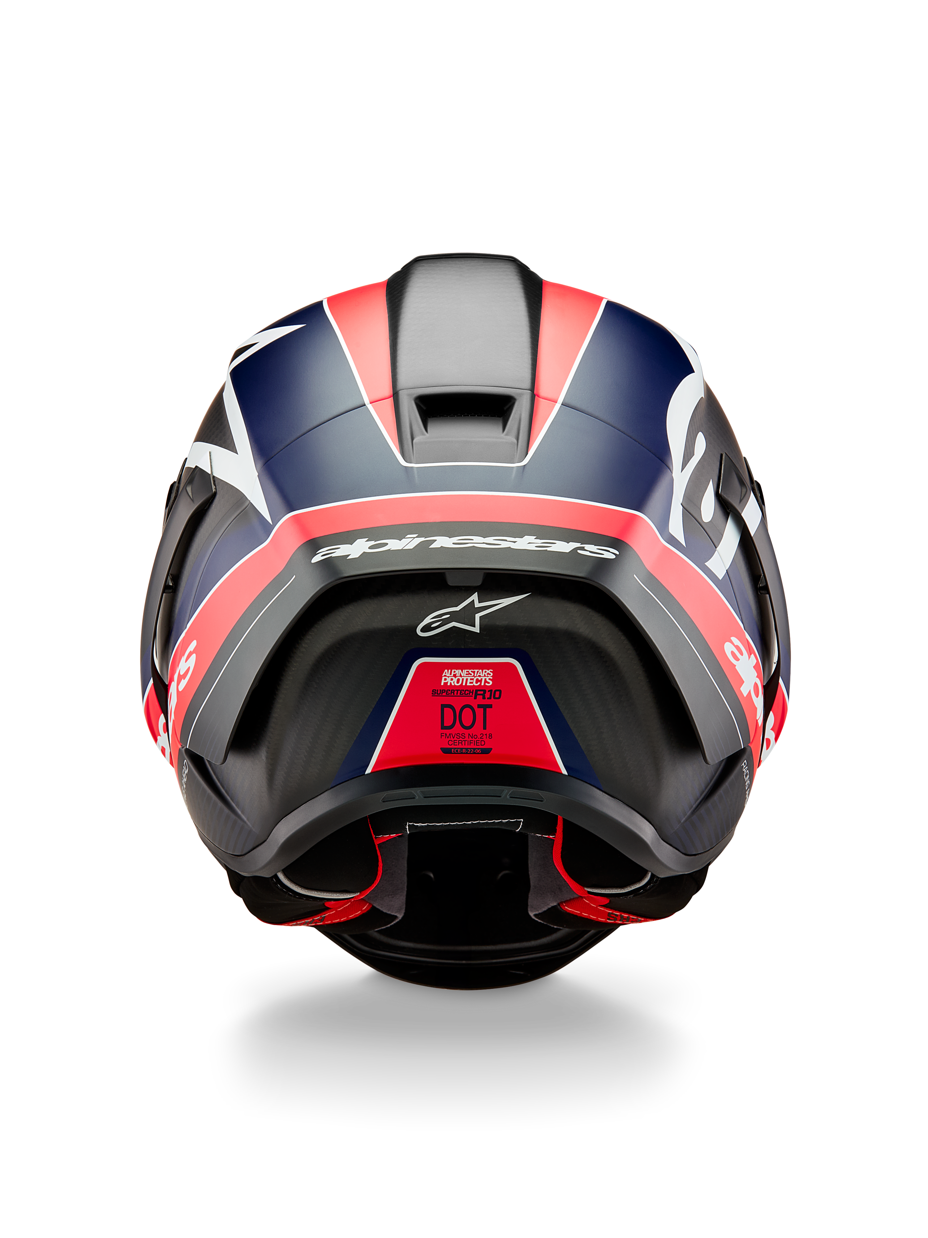 Casque Alpinestars Supertech R10 Team, vue arrière, carbone noir avec accents rouge fluo et bleu mat, doté d'un spoiler aérodynamique, d'un marquage Alpinestars blanc et d'une étiquette de certification DOT, équipement de course professionnel