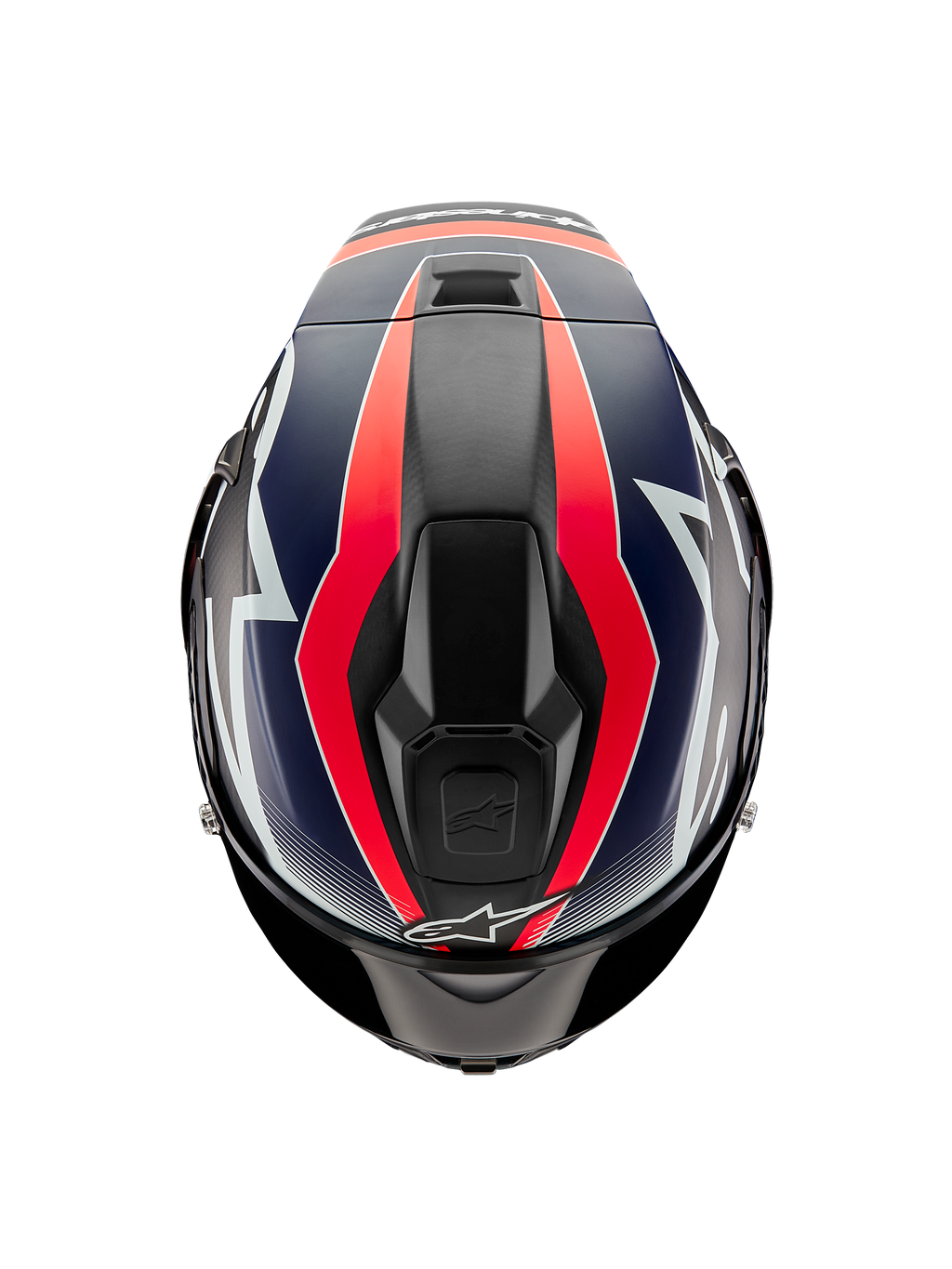 Casque Alpinestars Supertech R10 Team, vue de dessus, carbone noir avec graphismes rouge fluo et bleu mat, doté d'une calotte au design aérodynamique avec ventilations supérieures et accents racing audacieux.