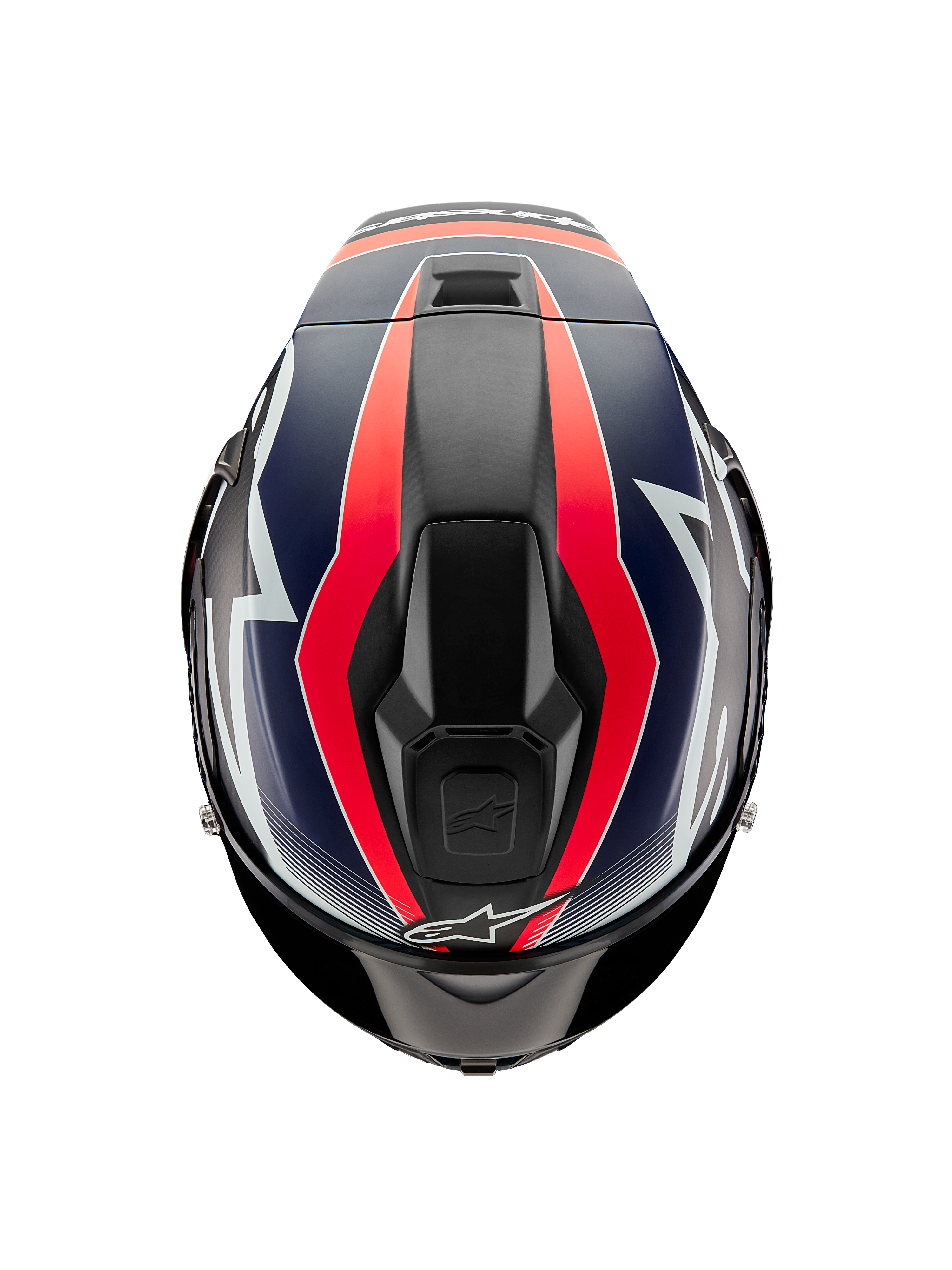 Casque Alpinestars Supertech R10 Team, vue de dessus, carbone noir avec graphismes rouge fluo et bleu mat, doté d'une calotte au design aérodynamique avec ventilations supérieures et accents racing audacieux.