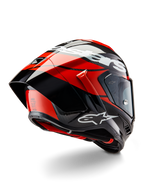 Casque Alpinestars Supertech R10 Element, Noir Carbone, Rouge Vif et Blanc Brillant, vue de trois-quarts arrière montrant le grand spoiler aérodynamique et la coque en fibre de carbone, avec logos Alpinestars distinctifs et certification DOT