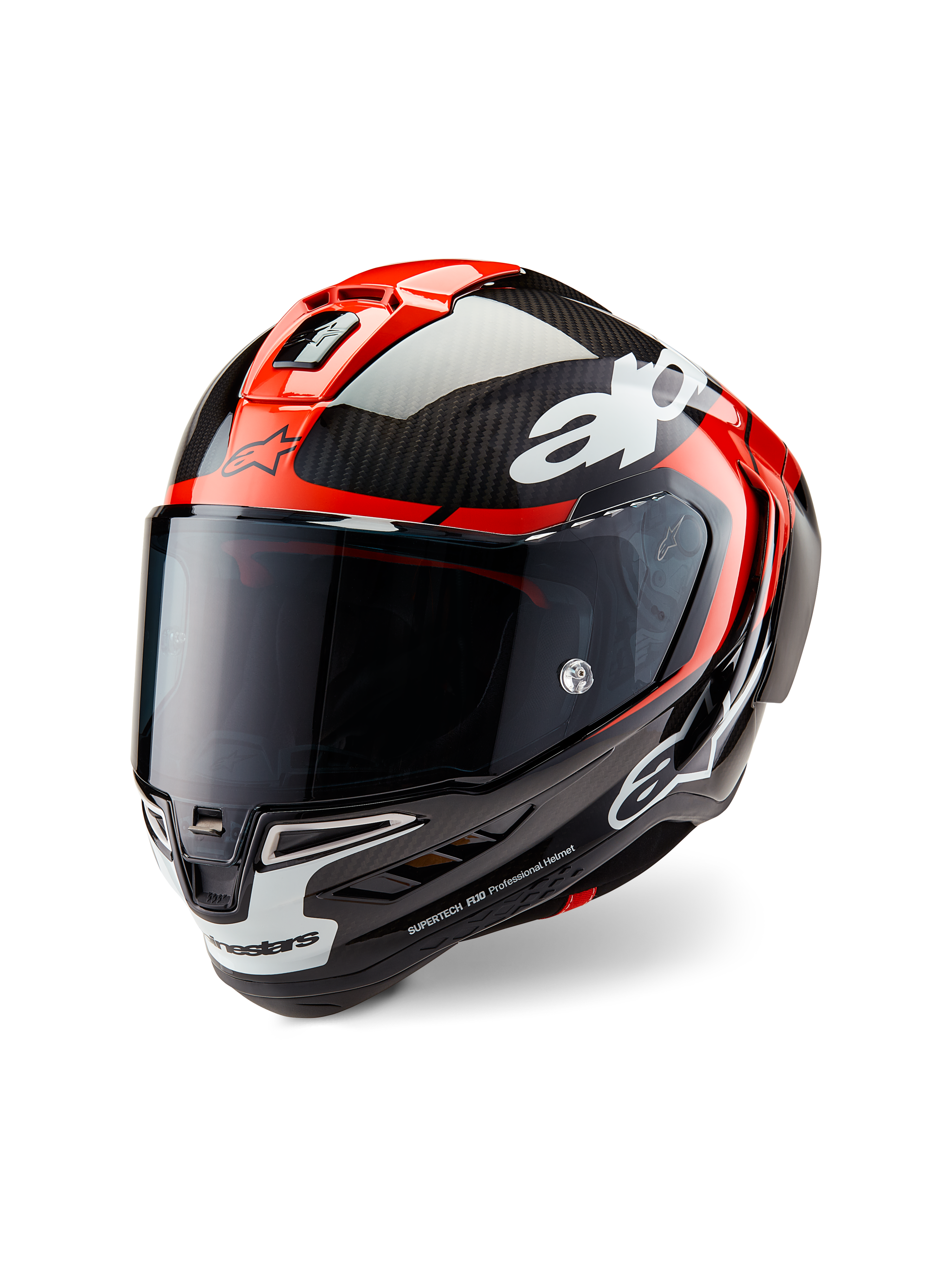 Casque Alpinestars Supertech R10 Element, casque de moto de course, noir carbone, rouge vif et blanc brillant, vue de trois-quarts avant avec visière teintée foncée, doté d'une coque en fibre de carbone brillante, d'aérations supérieures rouges, d'accents blancs sur la mentonnière et d'un marquage Alpinestars imposant, conçu pour la performance aérodynamique en course.