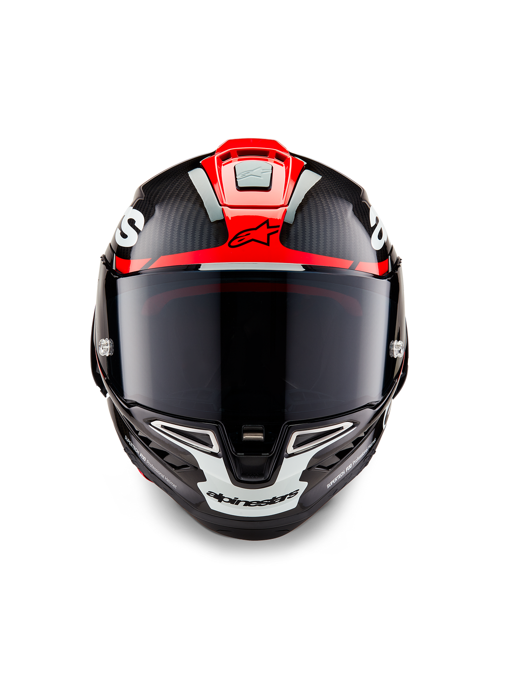Casque Alpinestars Supertech R10 Element, carbone noir avec graphismes brillants rouge vif et blanc, vue frontale avec visière fumée foncée, texture en fibre de carbone apparente et ventilation intégrée, casque de moto de course professionnel