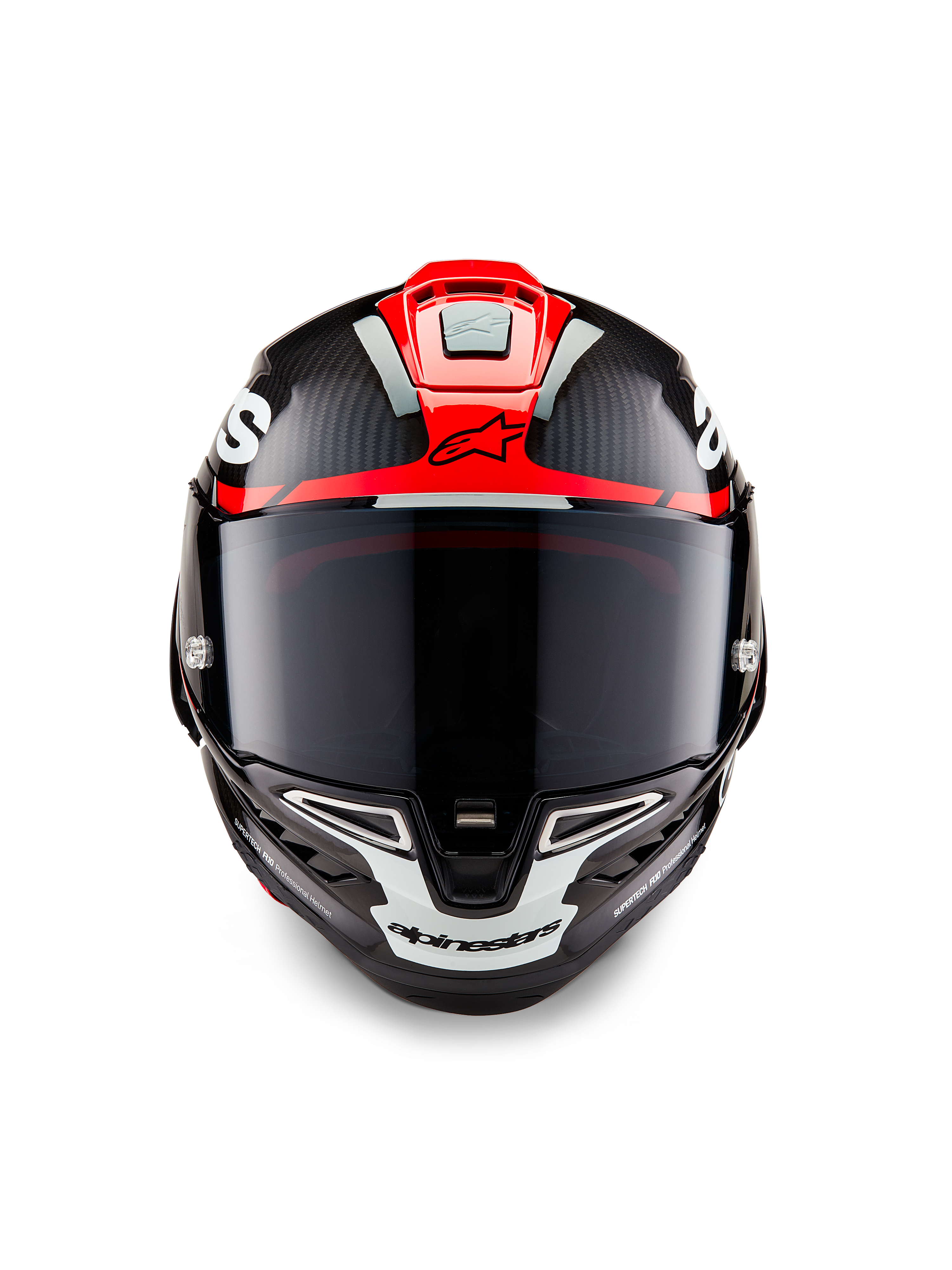 Casque Alpinestars Supertech R10 Element, carbone noir avec graphismes brillants rouge vif et blanc, vue frontale avec visière fumée foncée, texture en fibre de carbone apparente et ventilation intégrée, casque de moto de course professionnel