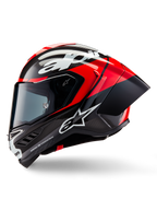 Casque Alpinestars Supertech R10 Element, casque de course intégral, noir carbone, rouge vif et blanc brillant, vue de profil montrant la coque aérodynamique en fibre de carbone avec trame apparente, logos Alpinestars blancs et spoiler arrière intégré