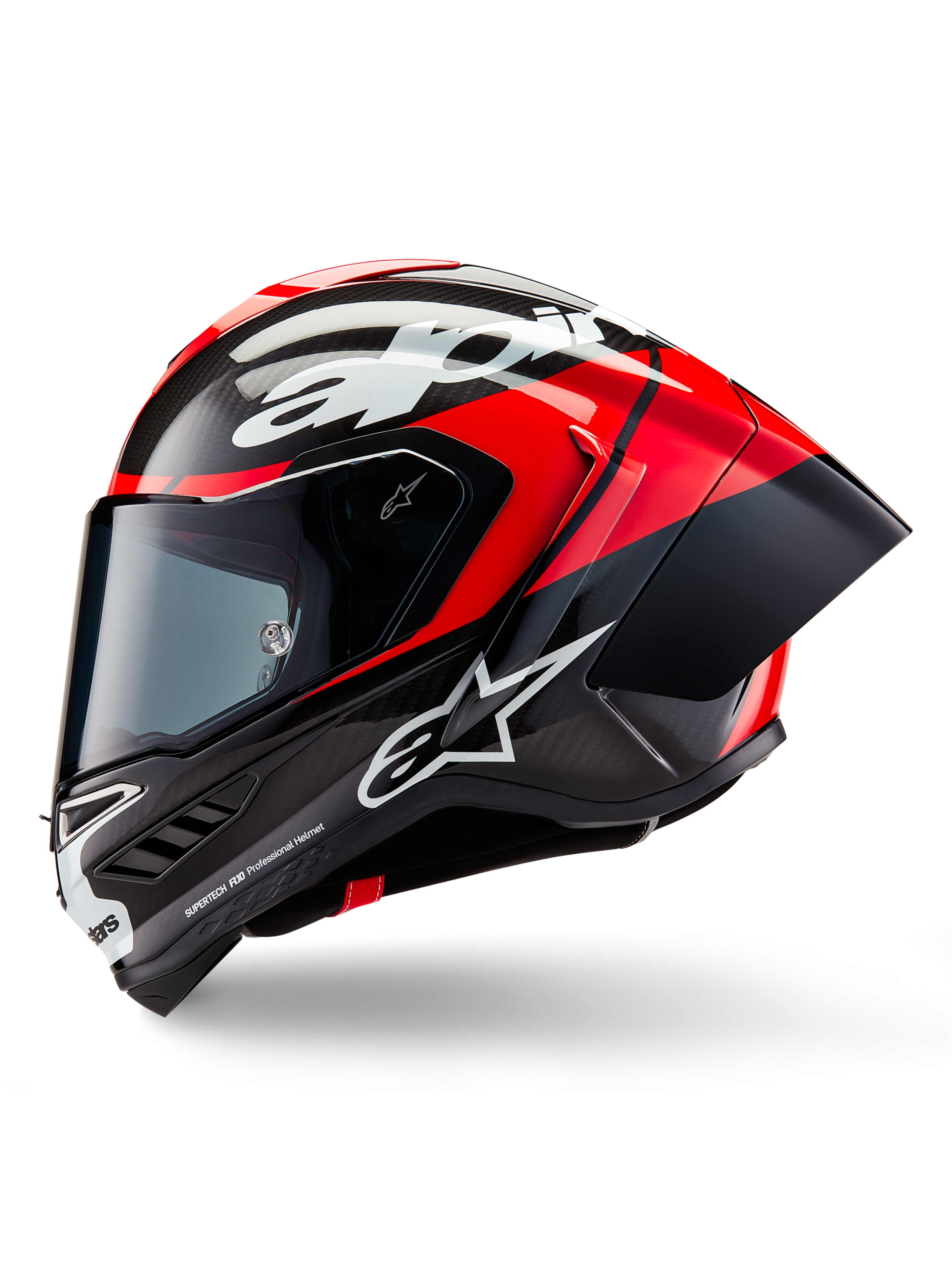 Casque Alpinestars Supertech R10 Element, casque de course intégral, noir carbone, rouge vif et blanc brillant, vue de profil montrant la coque aérodynamique en fibre de carbone avec trame apparente, logos Alpinestars blancs et spoiler arrière intégré