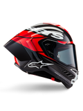 Casque Alpinestars Supertech R10 Element, casque de moto intégral de course, carbone noir avec accents rouge vif et blancs, profil latéral montrant la coque aérodynamique en fibre de carbone, finition brillante avec logo blanc, visière teintée, protection de course professionnelle