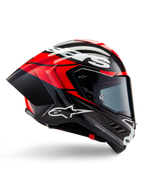 Casque Alpinestars Supertech R10 Element, casque de moto intégral de course, carbone noir avec accents rouge vif et blancs, profil latéral montrant la coque aérodynamique en fibre de carbone, finition brillante avec logo blanc, visière teintée, protection de course professionnelle