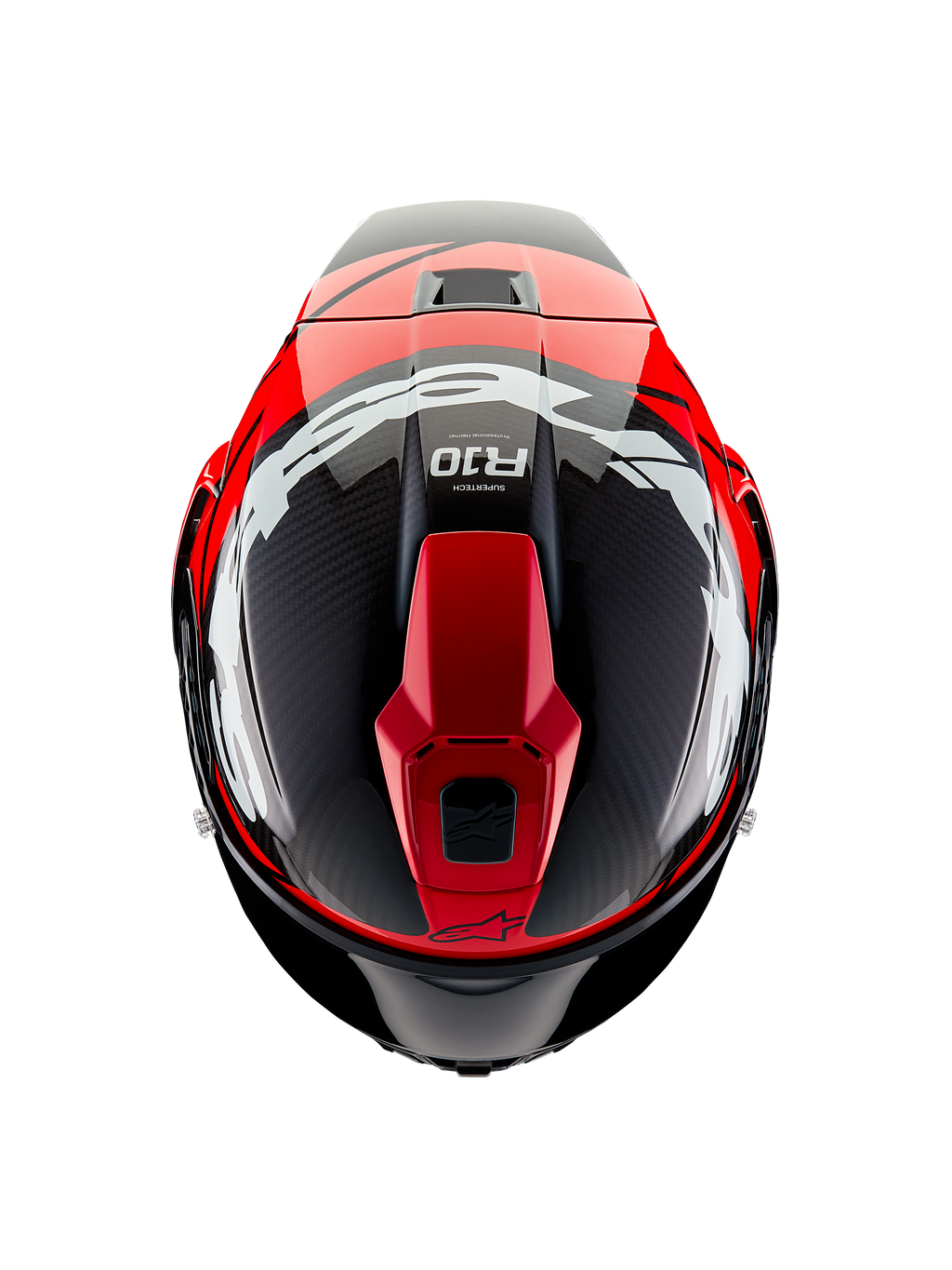 Casque Alpinestars Supertech R10 Element, vue de dessus, carbone noir avec graphismes rouge vif et blanc brillant, casque de course aérodynamique avec grands logos blancs et tissage de fibre de carbone apparent