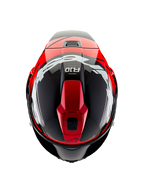 Casque Alpinestars Supertech R10 Element, vue de dessus, carbone noir avec graphismes rouge vif et blanc brillant, casque de course aérodynamique avec grands logos blancs et tissage de fibre de carbone apparent