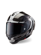 Casque Alpinestars Supertech R10 Element, casque intégral de course moto, noir carbone, argent et noir brillant, doté d'un écran fumé foncé, d'une coque aérodynamique en fibre de carbone et du logo Alpinestars