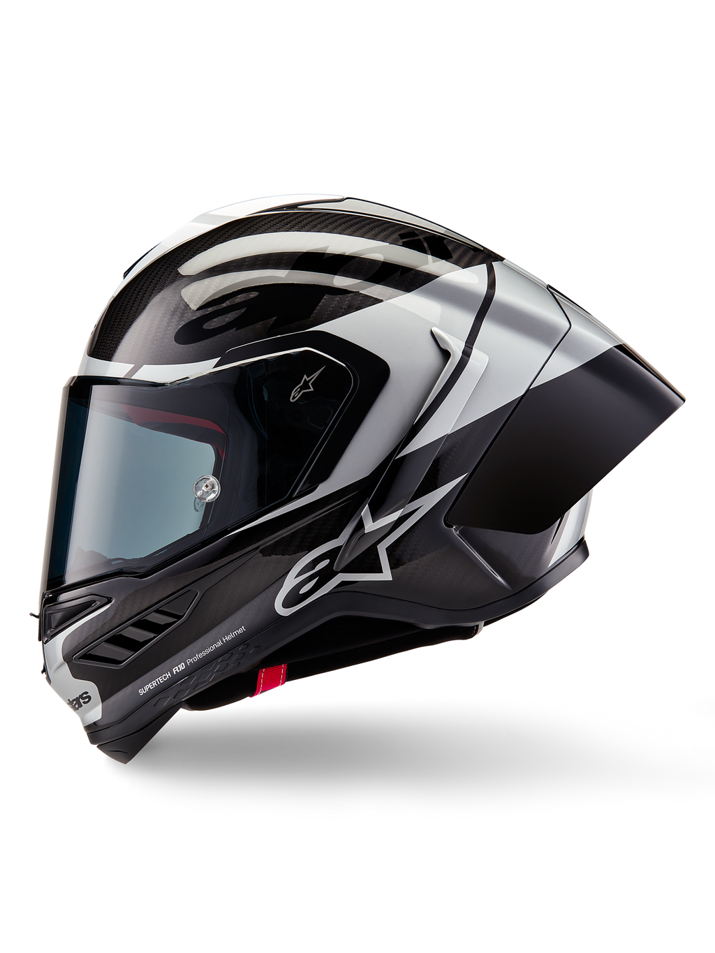 Casque Alpinestars Supertech R10 Element, casque de moto intégral de course, noir carbone argenté et noir brillant, vue de profil montrant le tissage en fibre de carbone et le spoiler arrière aérodynamique, design épuré avec marquage Alpinestars et finition de course professionnelle