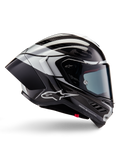 Casque Alpinestars Supertech R10 Element, casque intégral de course moto, finition carbone noir, argent et noir brillant, vue de profil avec coque aérodynamique en fibre de carbone, visière transparente et logo Alpinestars distinctif
