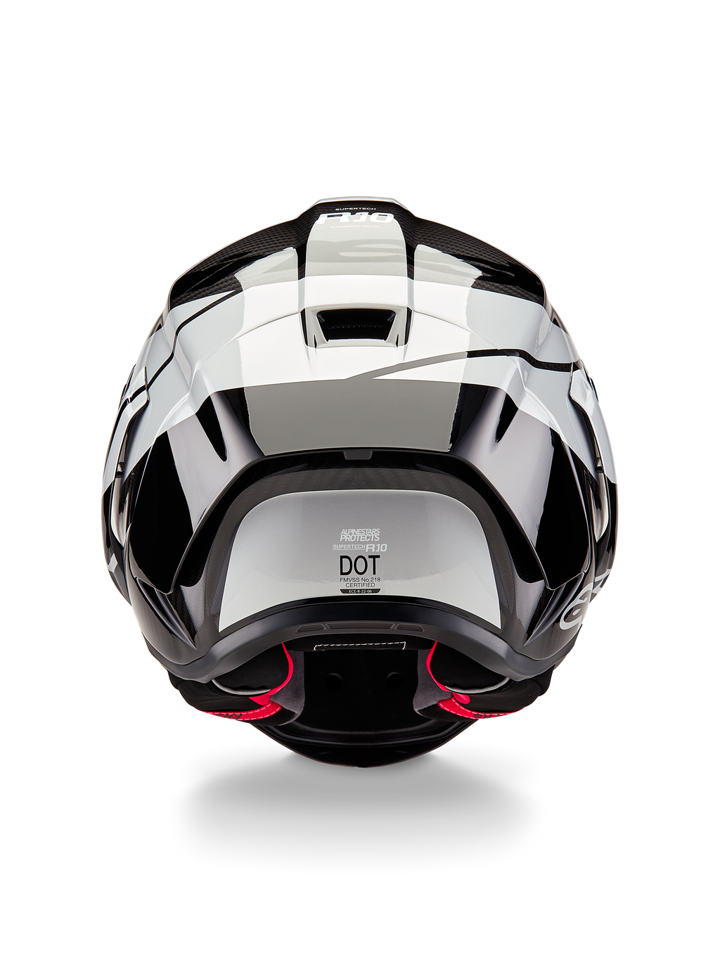 Casque Alpinestars Supertech R10 Element, vue arrière, noir carbone argent noir brillant, doté d'un design d'aileron aérodynamique, d'un label de certification DOT et d'accents de rembourrage intérieur rouges, protection de tête de course professionnelle