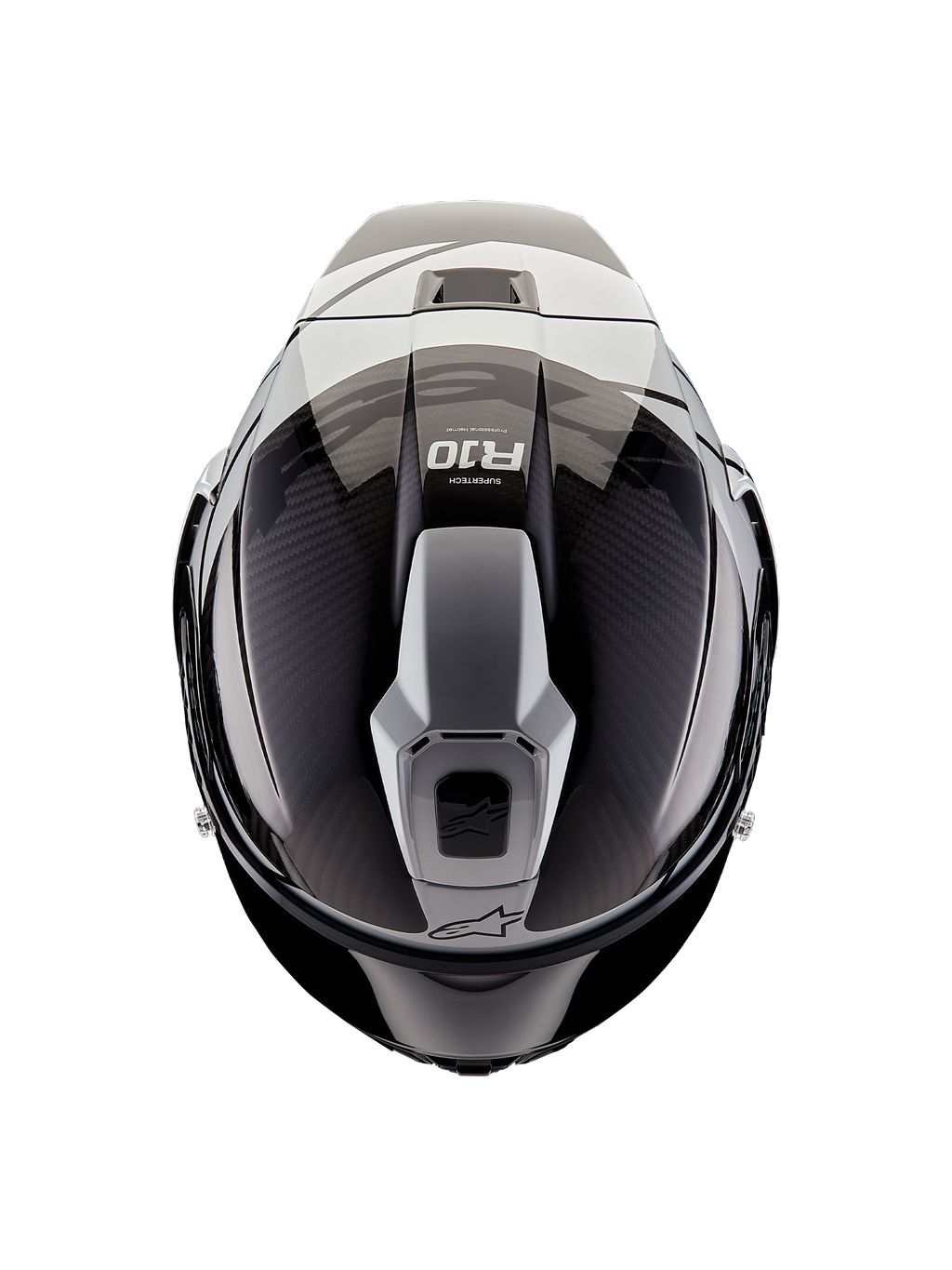 Casque Alpinestars Supertech R10 Element, vue de dessus, noir carbone et argent, finition brillante avec tissage de fibre de carbone visible, structure d'aération aérodynamique, logo R10 et marquage Alpinestars, casque de moto de course professionnel