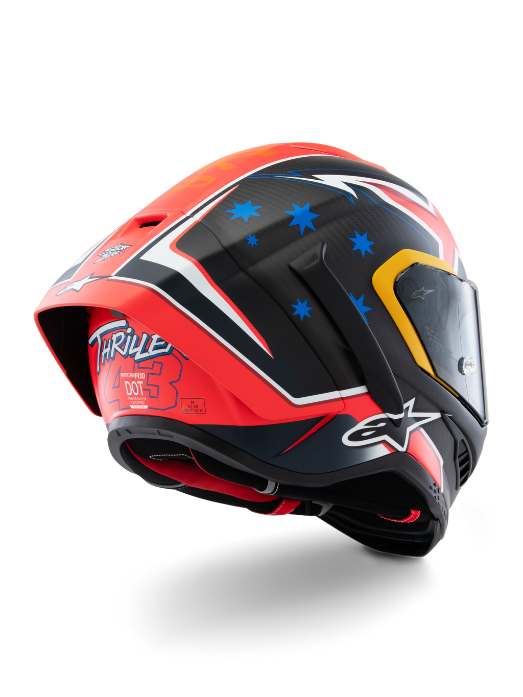 Alpinestars Supertech R10 Miller Limited Edition Helmet, full-face racing helmet, Carbon Red Matt with blue stars and white accents, 'Thriller 43' graphic on the rear, large aerodynamic spoiler, carbon fiber construction