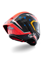 Alpinestars Supertech R10 Miller Limited Edition Helmet, full-face racing helmet, Carbon Red Matt with blue stars and white accents, 'Thriller 43' graphic on the rear, large aerodynamic spoiler, carbon fiber construction