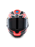 Alpinestars Supertech R10 Miller Limited Edition Helmet, Front view, Full-face racing motorcycle helmet featuring a Carbon Red Matt graphic with white and blue accents, Dark smoke visor, Jack Miller signature design, aerodynamic carbon shell construction