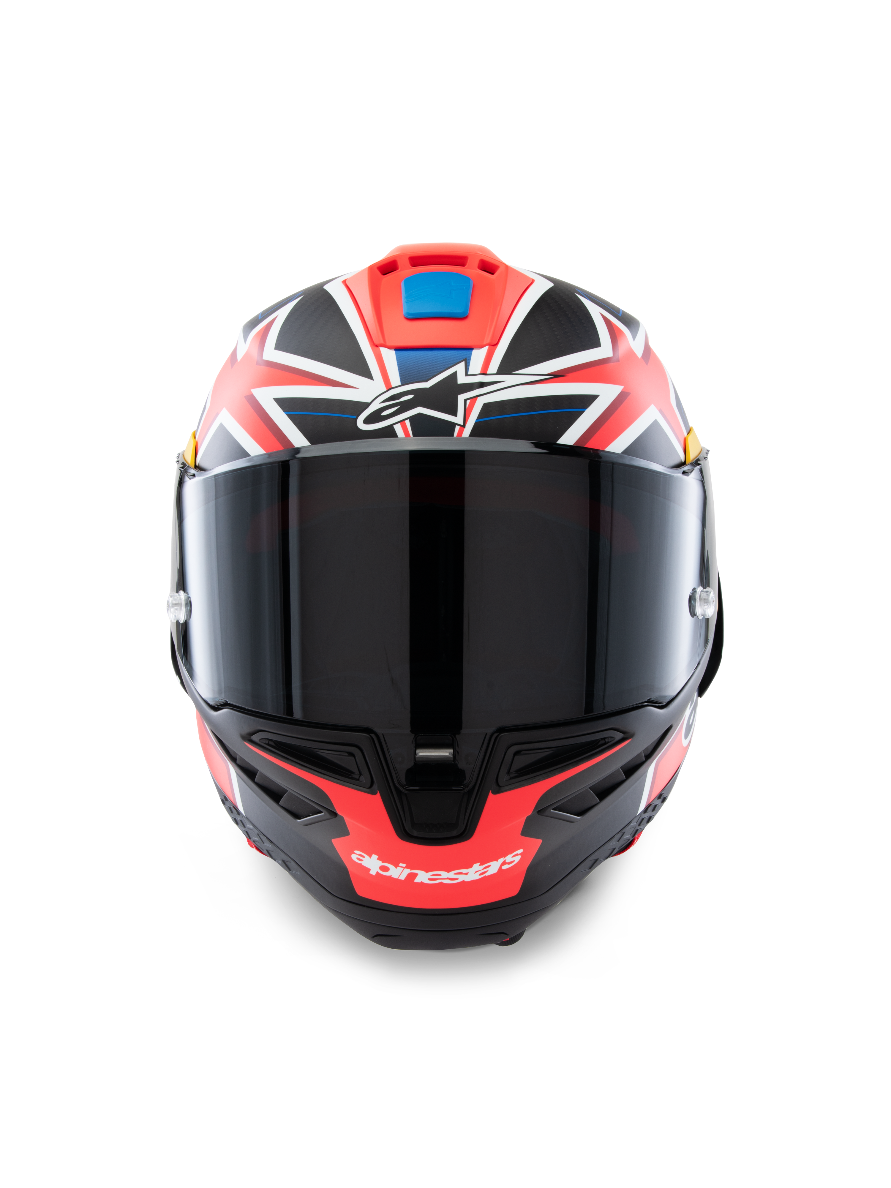 Alpinestars Supertech R10 Miller Limited Edition Helmet, Front view, Full-face racing motorcycle helmet featuring a Carbon Red Matt graphic with white and blue accents, Dark smoke visor, Jack Miller signature design, aerodynamic carbon shell construction