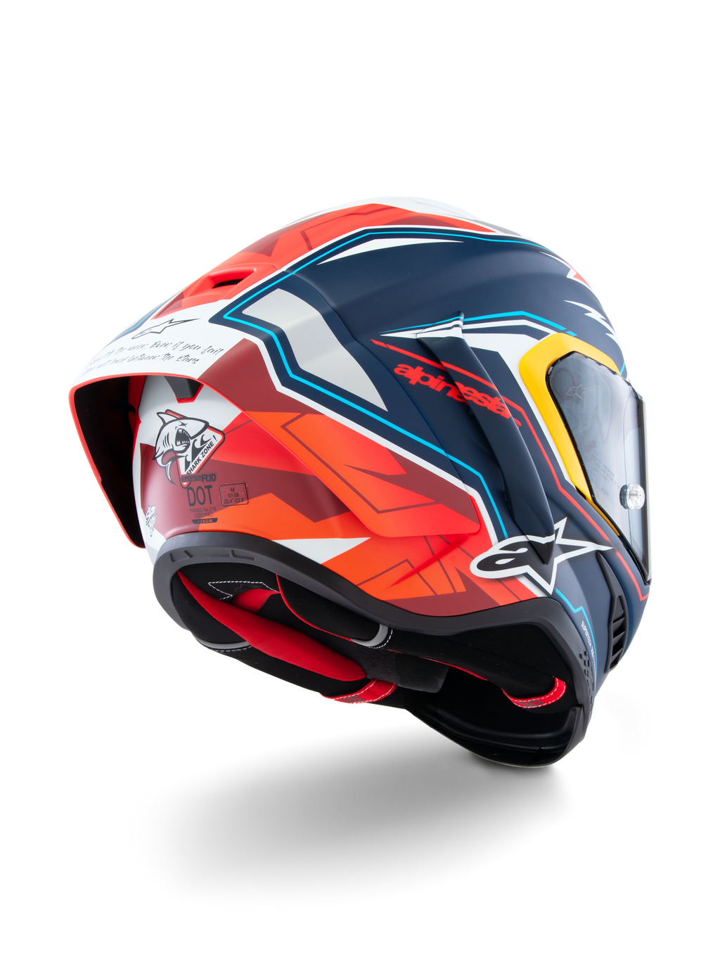Casque Supertech R10 Acosta Édition Limitée d'Alpinestars, casque de moto racing, bleu, rouge et blanc mat, construction en carbone composite, certifié ECE 22.06 et DOT