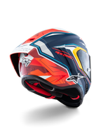 Casque Supertech R10 Acosta Édition Limitée d'Alpinestars, casque de moto racing, bleu, rouge et blanc mat, construction en carbone composite, certifié ECE 22.06 et DOT