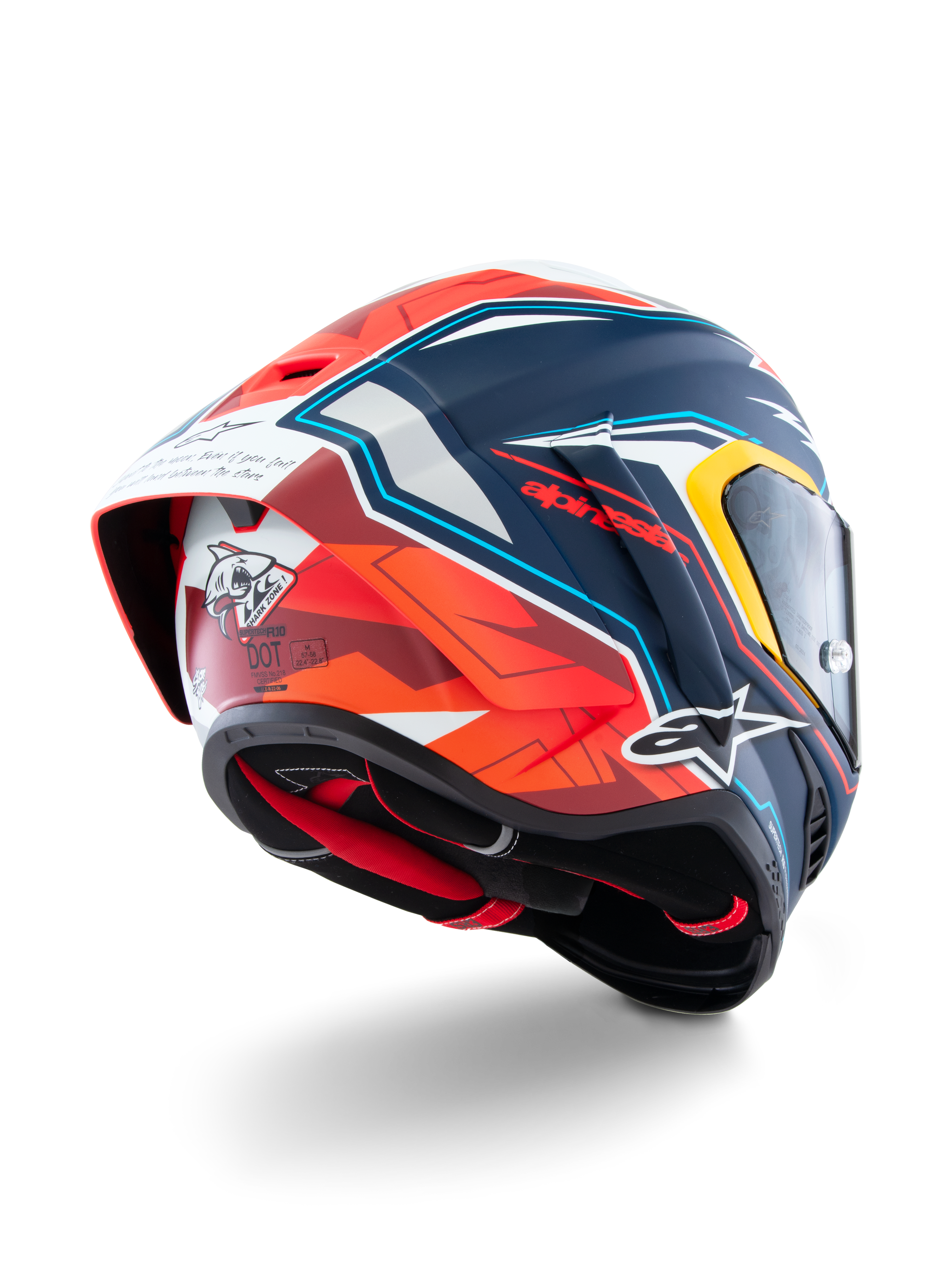 Casque Supertech R10 Acosta Édition Limitée d'Alpinestars, casque de moto racing, bleu, rouge et blanc mat, construction en carbone composite, certifié ECE 22.06 et DOT