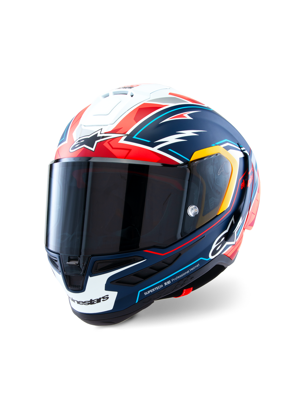 Casque Supertech R10 Acosta Édition Limitée d'Alpinestars, casque de moto racing bleu, rouge et blanc, construction en carbone composite avec visière de classe optique 1