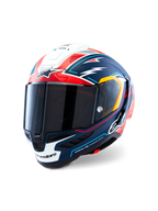 Casque Supertech R10 Acosta Édition Limitée d'Alpinestars, casque de moto racing bleu, rouge et blanc, construction en carbone composite avec visière de classe optique 1