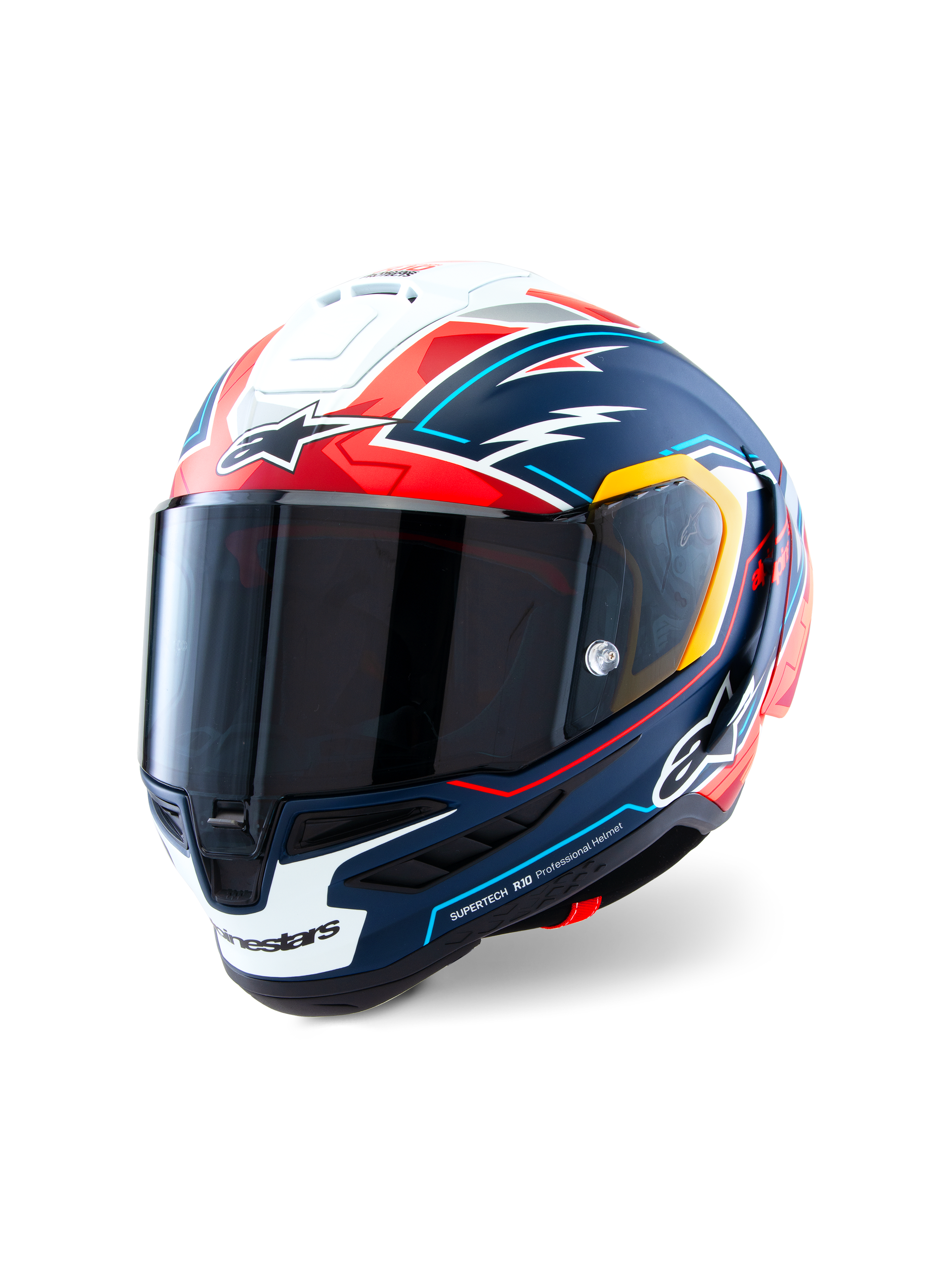Casque Supertech R10 Acosta Édition Limitée d'Alpinestars, casque de moto racing bleu, rouge et blanc, construction en carbone composite avec visière de classe optique 1