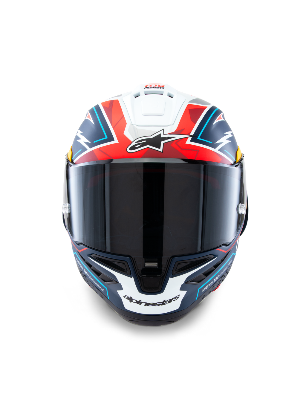 Casque Supertech R10 Acosta Édition Limitée d'Alpinestars, casque de moto racing en carbone, coloris bleu, rouge et blanc, certifié ECE 22.06, DOT et FIM