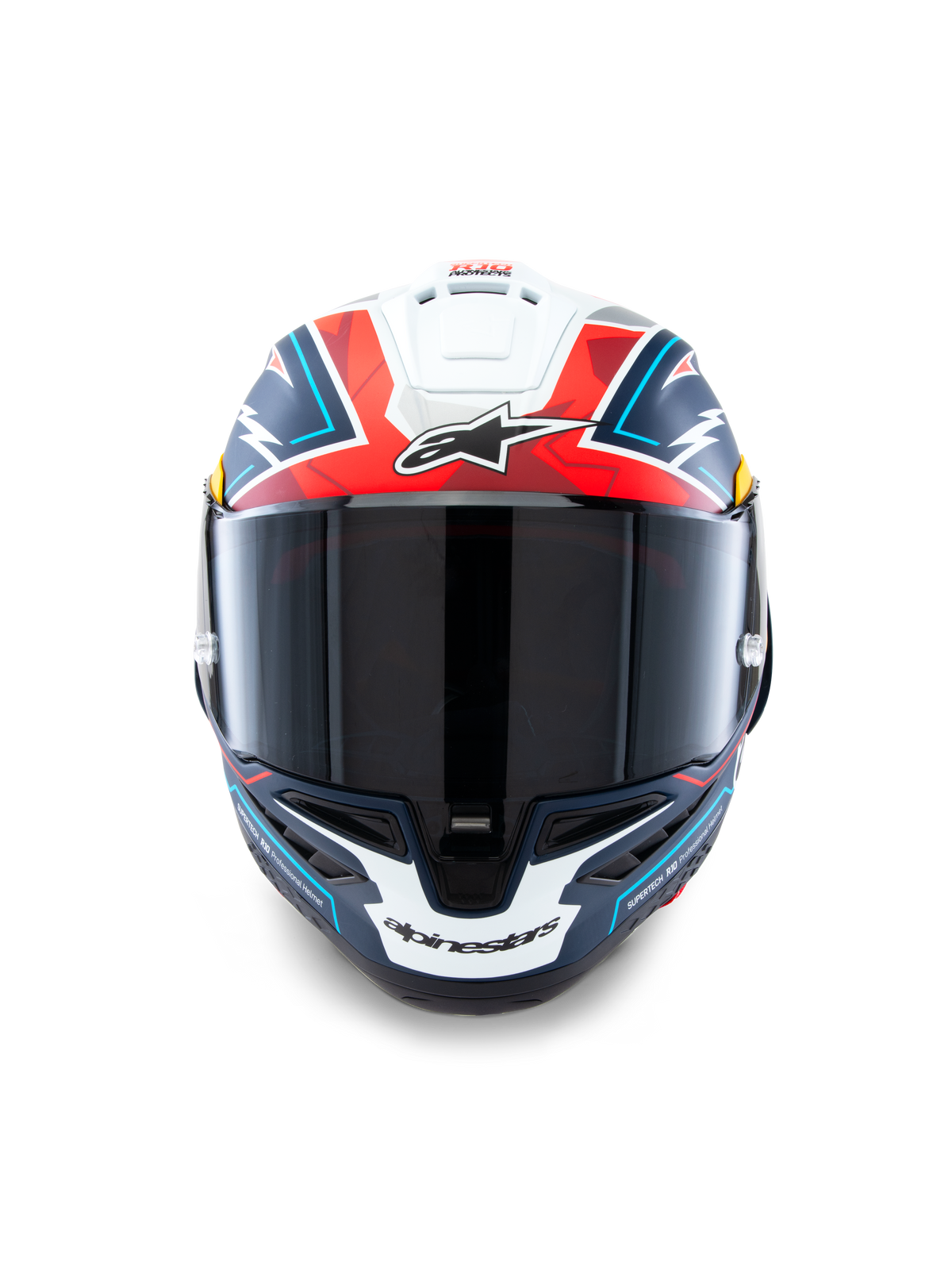 Casque Supertech R10 Acosta Édition Limitée d'Alpinestars, casque de moto racing en carbone, coloris bleu, rouge et blanc, certifié ECE 22.06, DOT et FIM